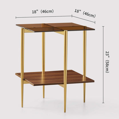 Glass End Table, Mid-Century Modern Design Sofa Table, L41 x W21 x H17, for Living Room, 2-Tier