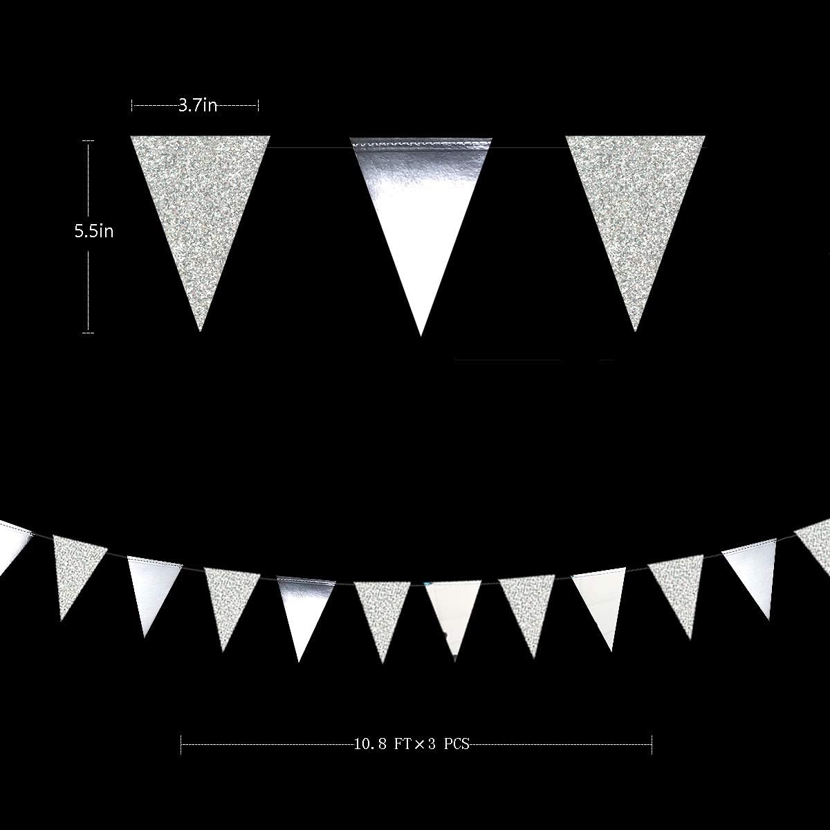30 Ft Silver Party Decorations Glitter Metallic Paper Triangle Banner Flag Garland Pennant Bunting