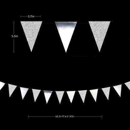30 Ft Silver Party Decorations Glitter Metallic Paper Triangle Banner Flag Garland Pennant Bunting