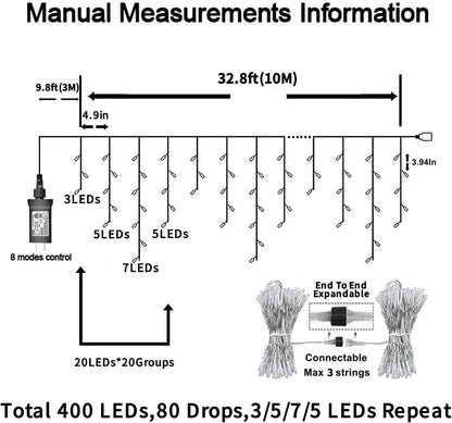 YEGUO 33ft 400 LED Red and White Icicle Lights Outdoor Waterproof, 80 Drops Icicle String Lights