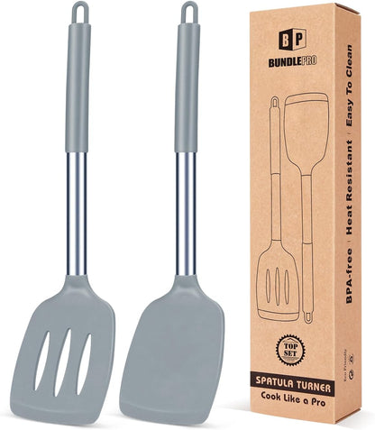 Pack of 2 Silicone Solid Turner, Non Stick Slotted Kitchen Spatulas, High Heat Resistant BPA Free