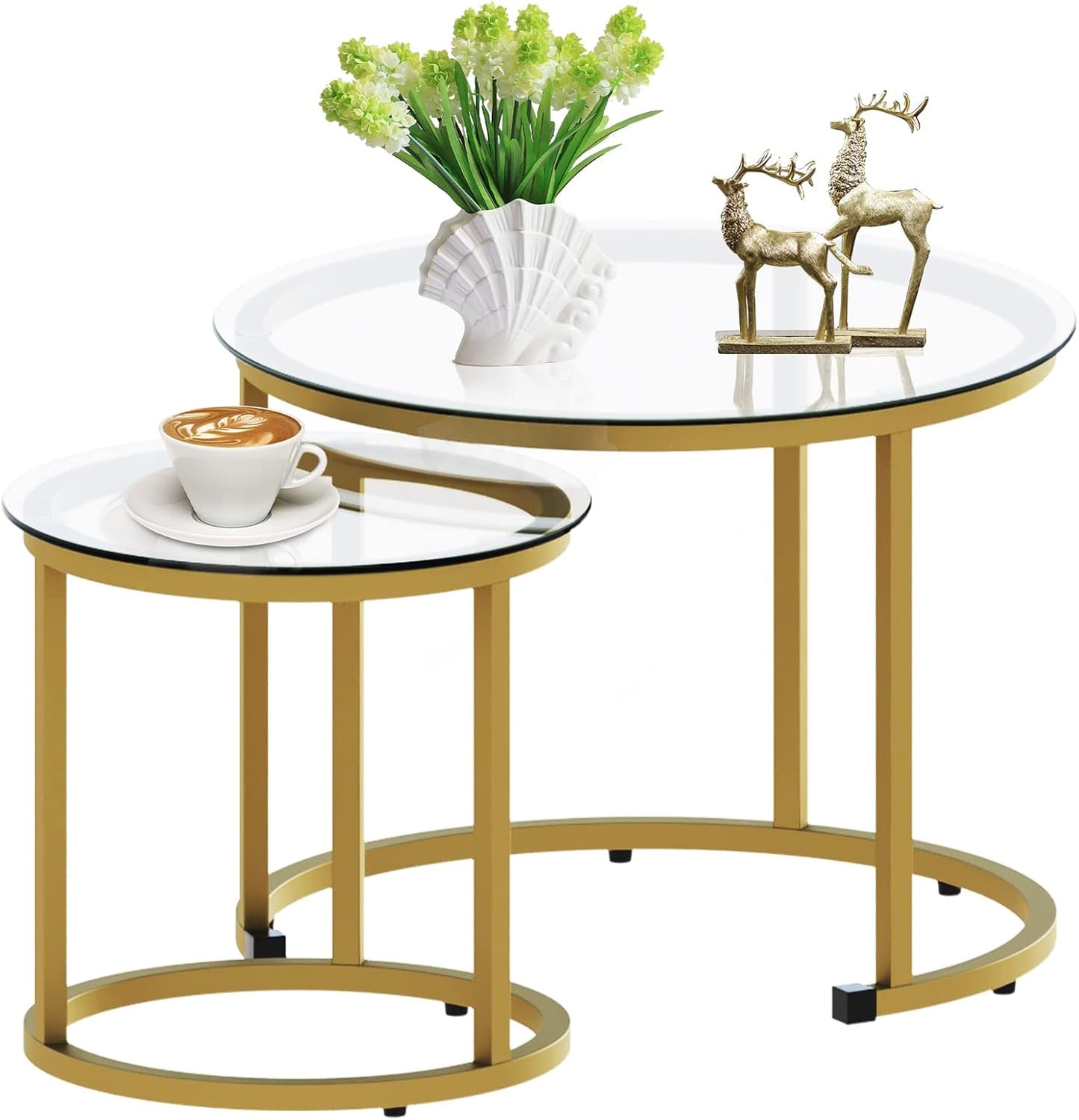 aboxoo Gold Nesting Coffee Table Set of 2, Small Glass Round Nesting Tables for Living Room