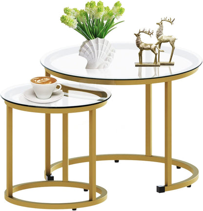 aboxoo Gold Nesting Coffee Table Set of 2, Small Glass Round Nesting Tables for Living Room
