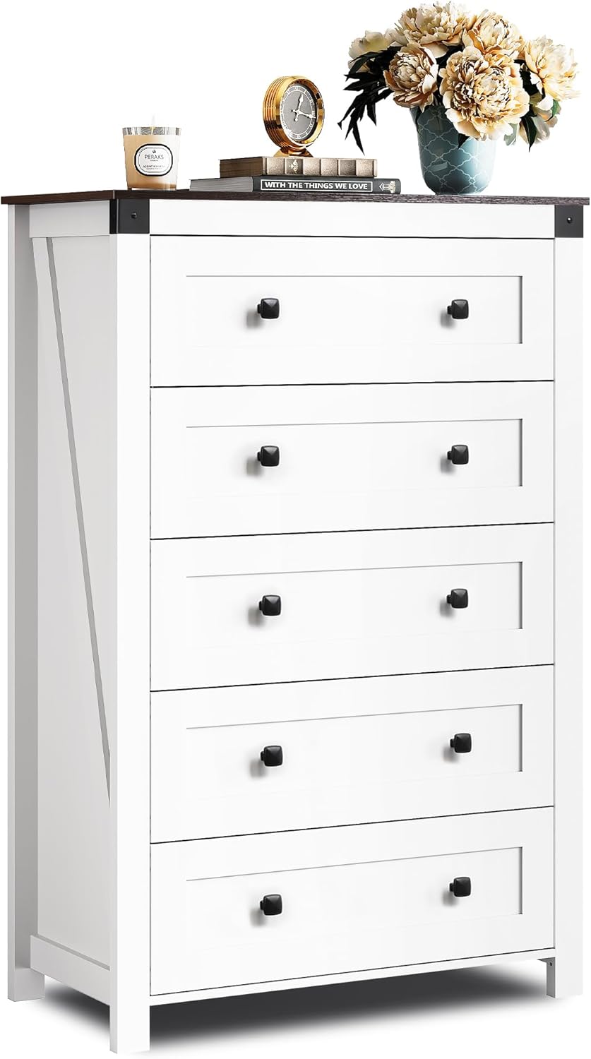 WLIVE Farmhouse White Dresser for Bedroom, 5 Drawer Dresser Storage Organizer, Tall Wood Dressers