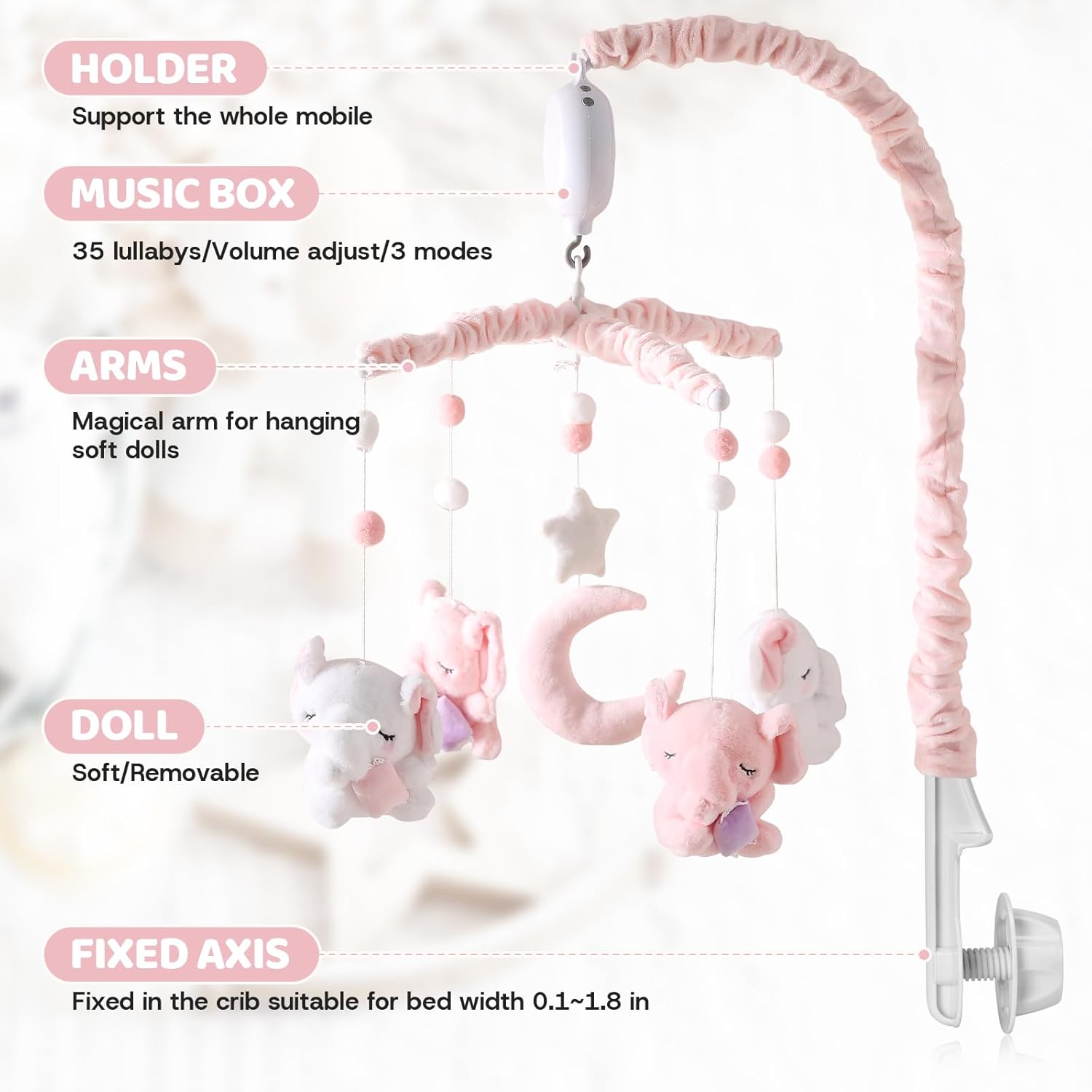 Baby Crib Mobile - Elephant Mobile for Crib with 25 Inches Mobile Arm and 35 Lullabies Musical Box