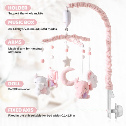 Baby Crib Mobile - Elephant Mobile for Crib with 25 Inches Mobile Arm and 35 Lullabies Musical Box