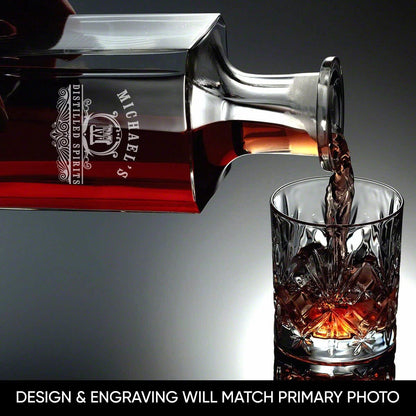 Personalized Whiskey Decanter Set with 4 Glasses and Custom Wood Box - 9 Design Options - Bourbon