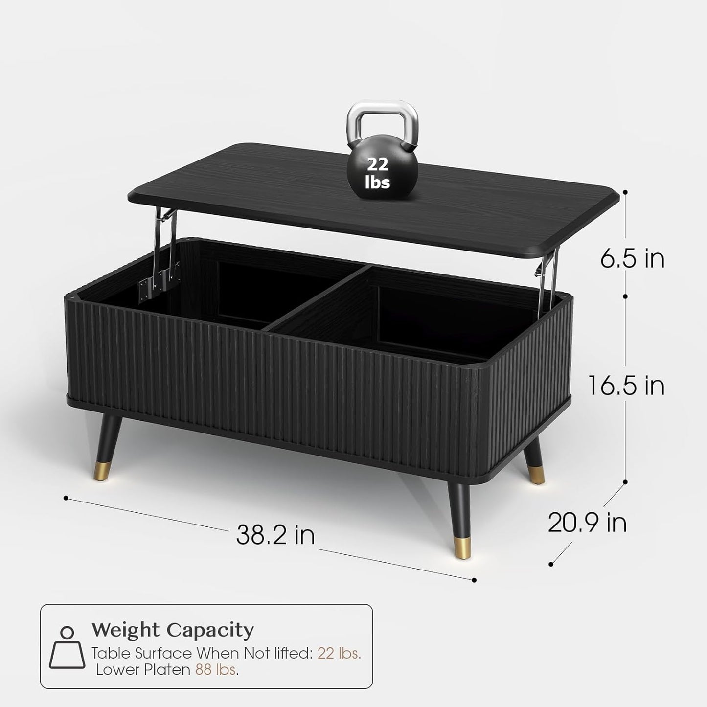 Lift Top Coffee Table with Storage Shelf & Hidden Compartment, Mid Century Modern Fluted Rectangle