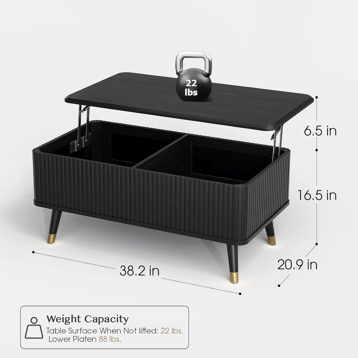 Lift Top Coffee Table with Storage Shelf & Hidden Compartment, Mid Century Modern Fluted Rectangle