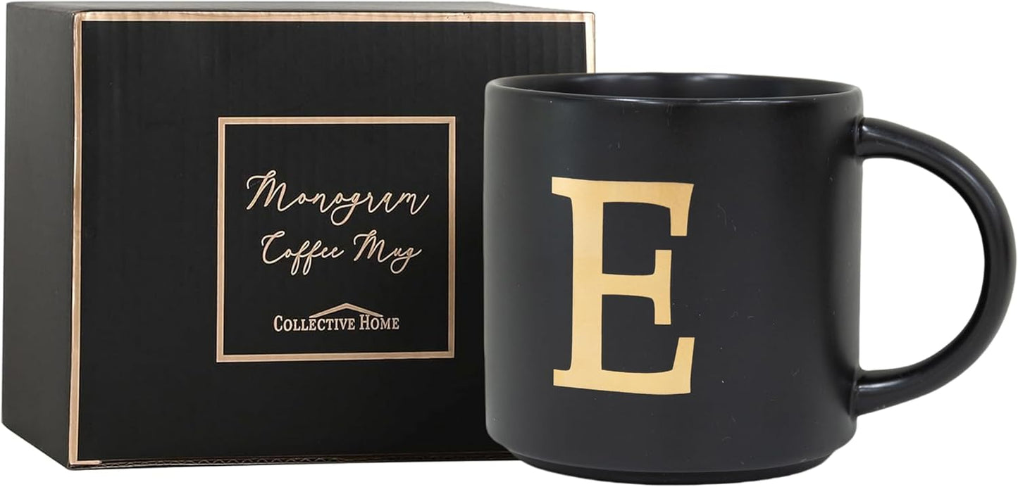 COLLECTIVE HOME - Monogram Ceramic Mugs, 15 oz Golden Initial Black Coffee Cups, Elegant Alphabet