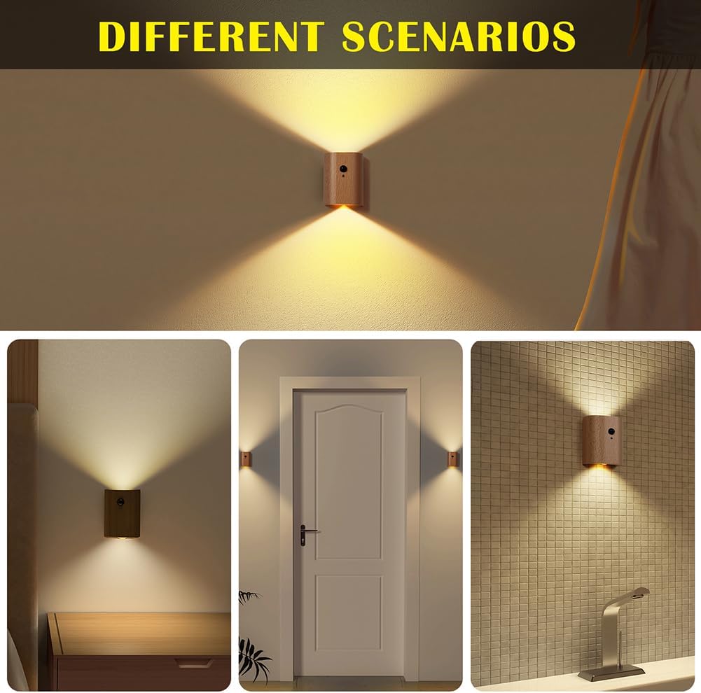 LANDGOO Wooden LED Step Lights Wall Lamp, 2700-3000K Motion Sensor Night Lights, Rechargeable Stair