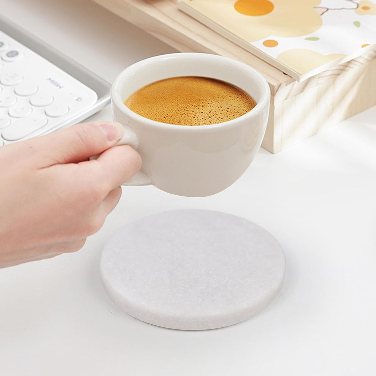 White Marble Coasters with Bling Particles, Set of 6 - Natural Marble Stone Drink Coaster with