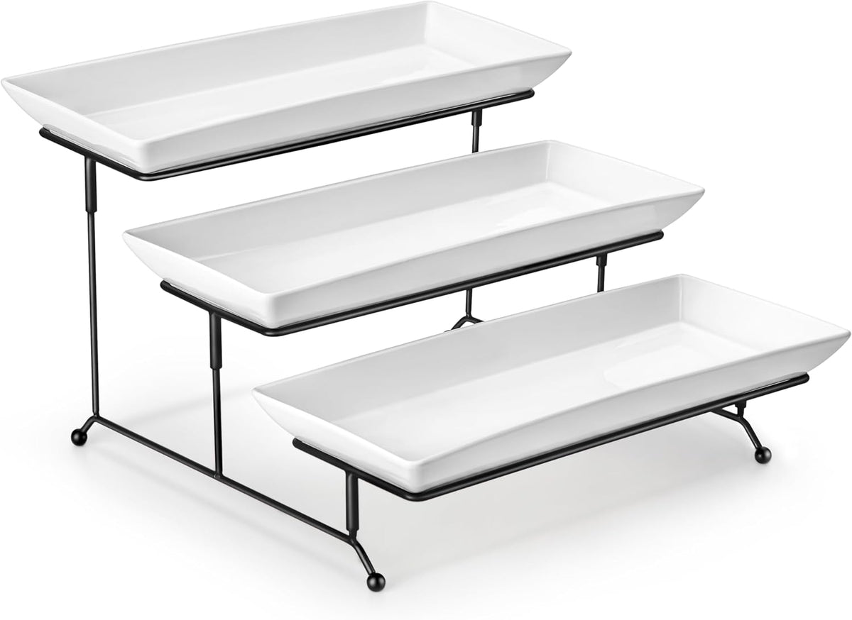 MALACASA 3 Tier Serving Tray, Porcelain Tiered Cupcake Stand, Ceramic Elevated Serving Platter with