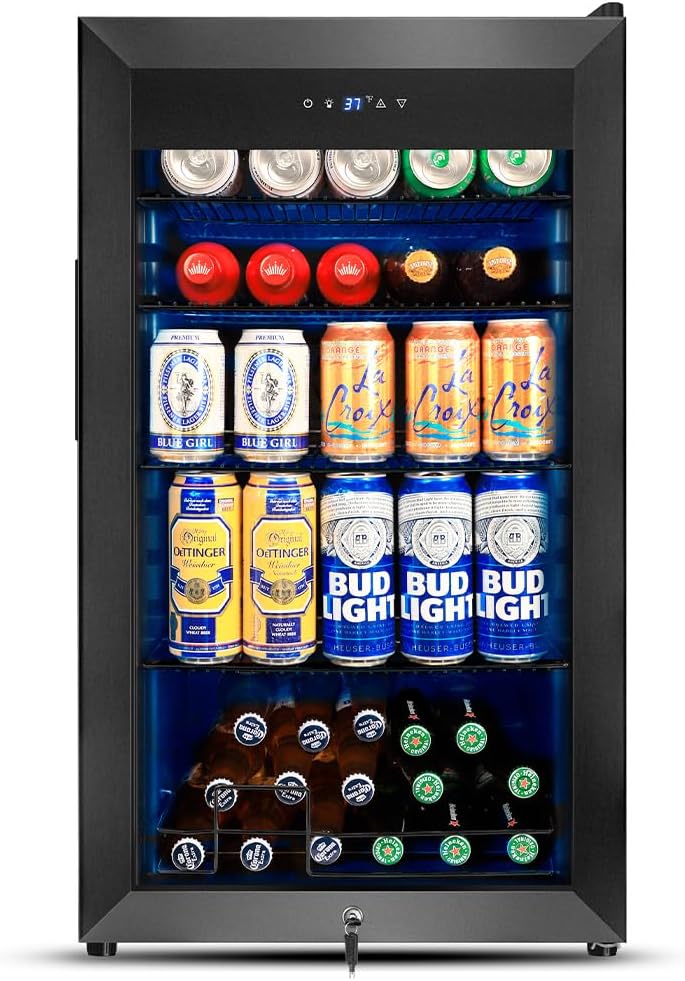 Tylza 130 Can Beverage Refrigerator Cooler, 3.22 Cu.Ft Beverage Cooler with Low-E Glass Door