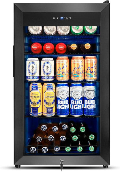 Tylza 130 Can Beverage Refrigerator Cooler, 3.22 Cu.Ft Beverage Cooler with Low-E Glass Door