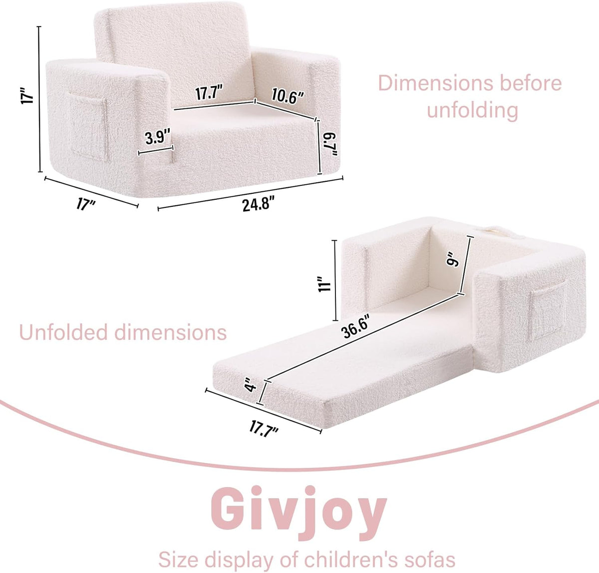 Toddler Chair Sherpa Kids Couch, 2-in-1 Soft Kids Sofa Lounger for Bedroom, Convertible Couch for