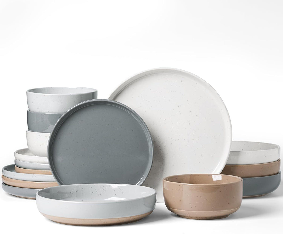 Famiware Milkyway Stoneware Dinnerware Sets with Pasta Bowls, Service for 4 (16 Pieces), Plates and
