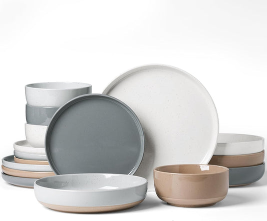 Famiware Milkyway Stoneware Dinnerware Sets with Pasta Bowls, Service for 4 (16 Pieces), Plates and