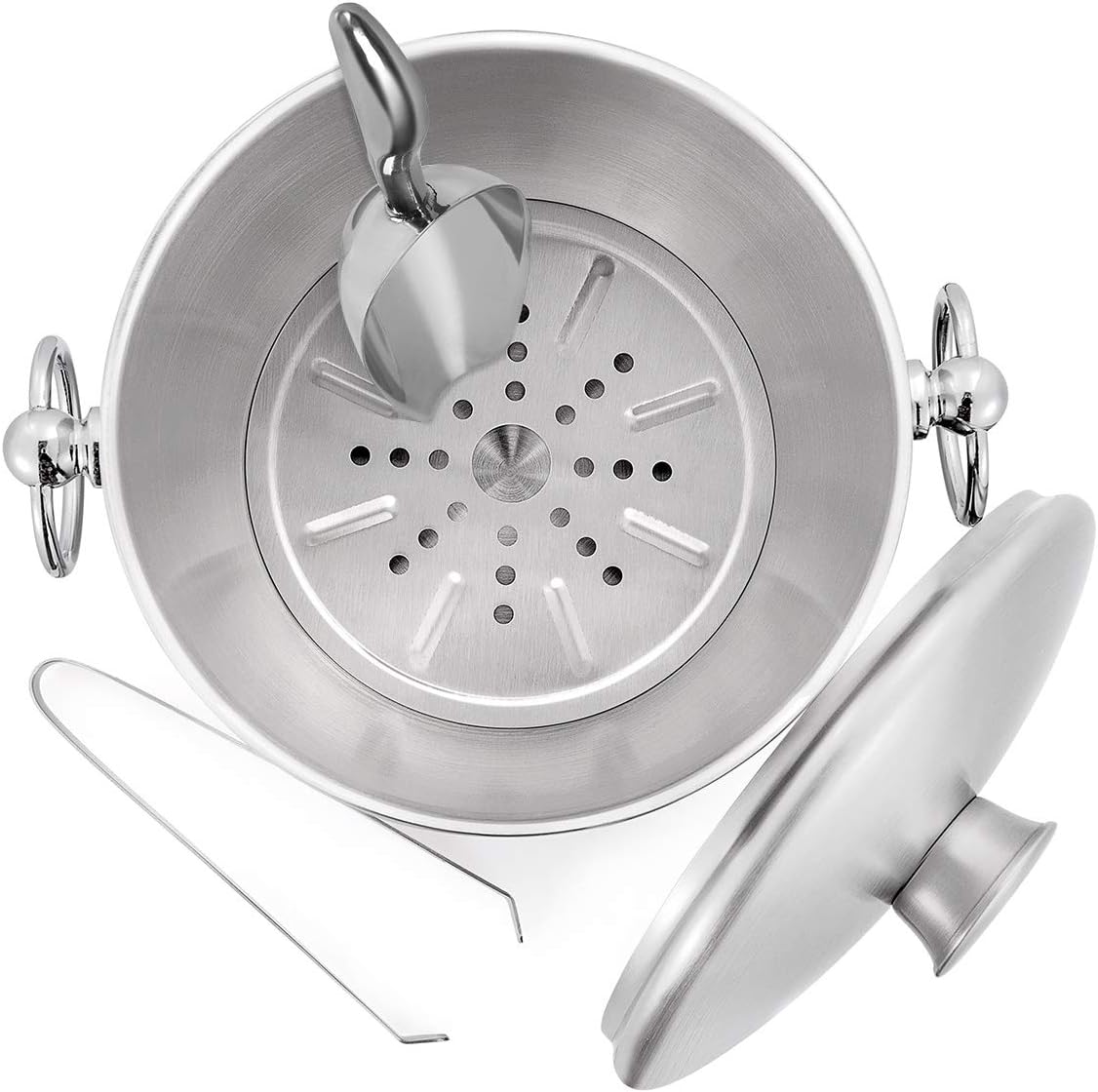 Ice Bucket with Lid, Scoop, Tongs and Strainer - Well Made Insulated Stainless Steel Keep Ice