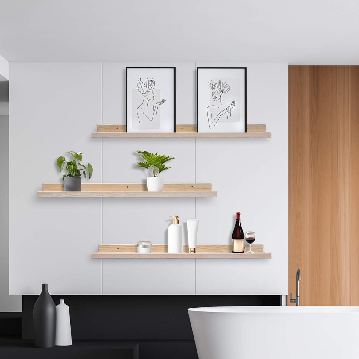 AZSKY 48 Inch Large Wood Floating Shelves for Wall Set of 3, Rustic Natural Picture Ledge Shelf
