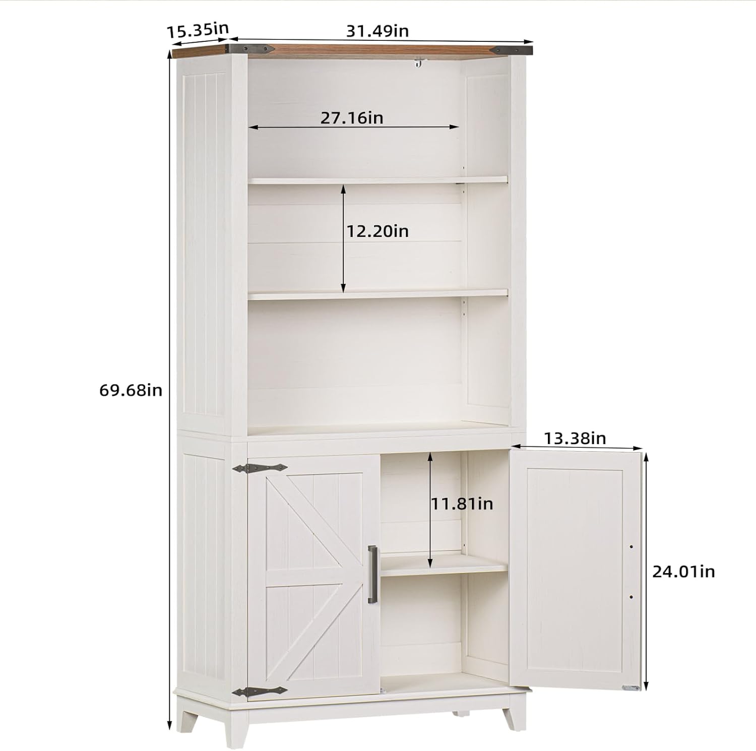 5 Tier Bookshelf 70in Tall Bookcase with Barn Doors and Storage Cabinet, White Farmhouse Book Shelf
