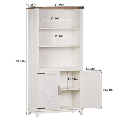 5 Tier Bookshelf 70in Tall Bookcase with Barn Doors and Storage Cabinet, White Farmhouse Book Shelf