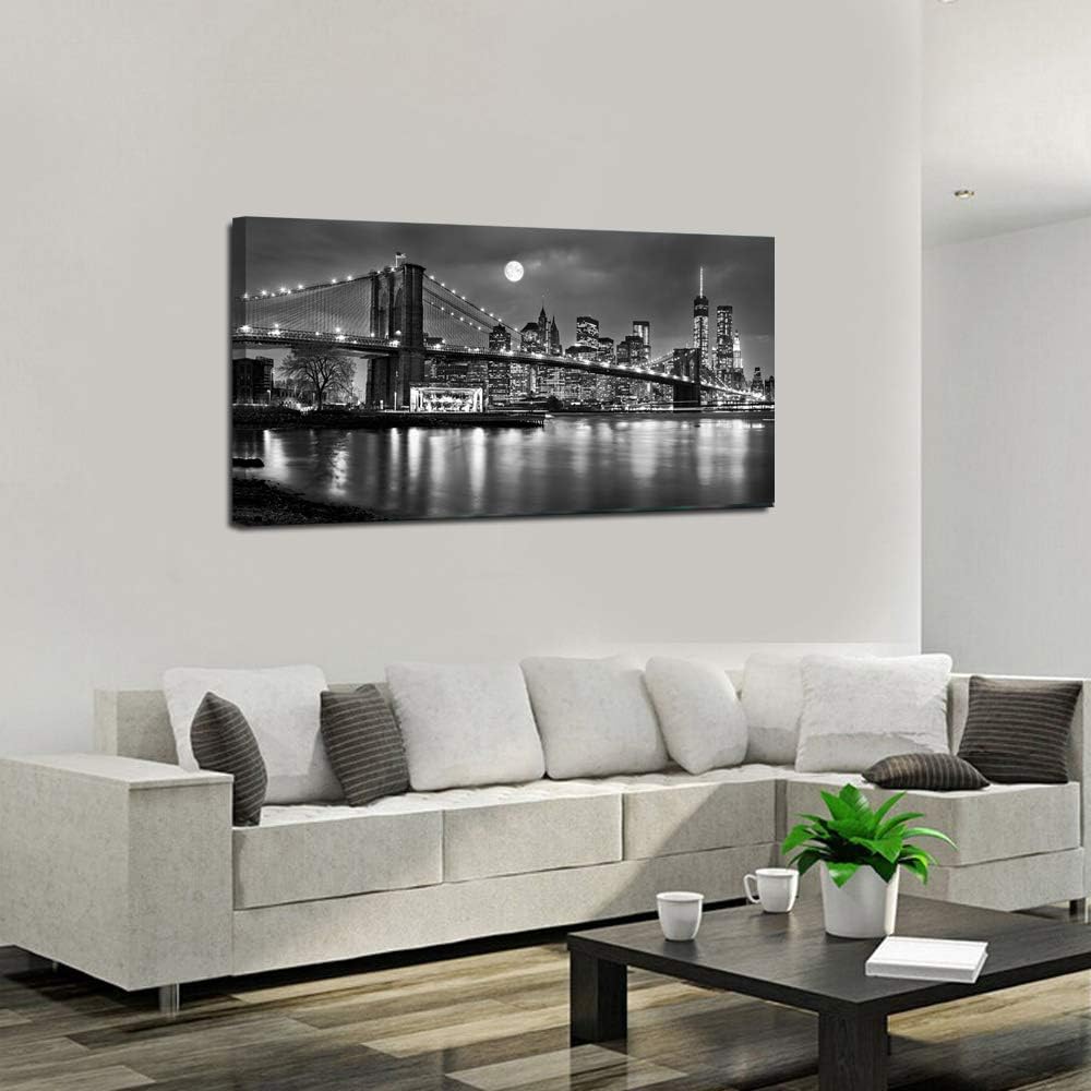 LevvArts - Black and White New York Picture Brooklyn Bridge Canvas Wall Art Full Moon Night