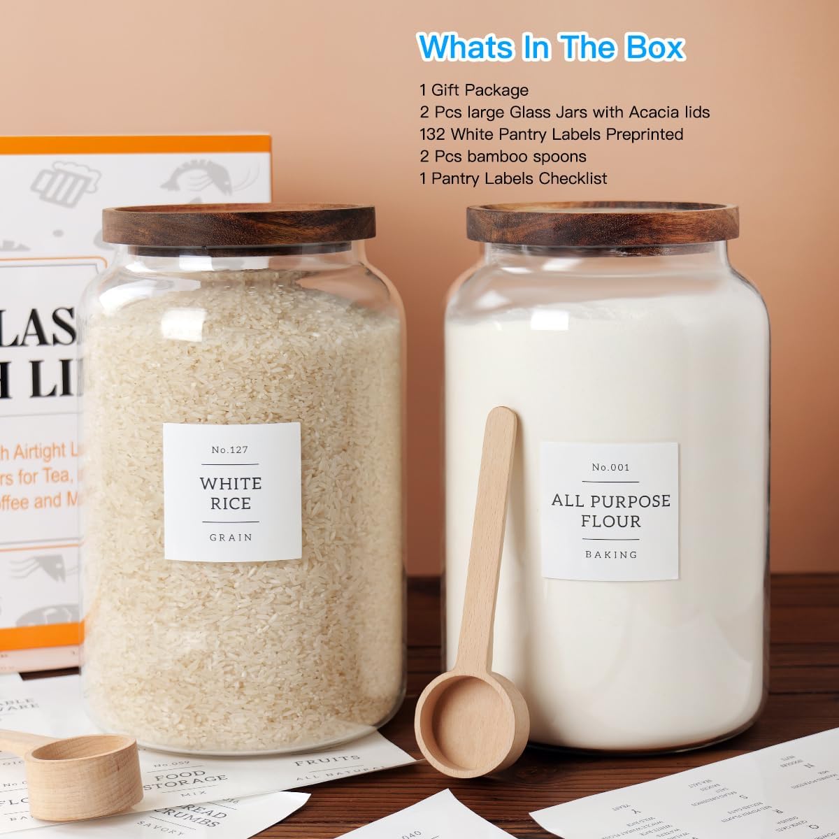 2 PCS Large Glass Jar with Airtight Lid, Glass Food Storage Jars for Tea,Spice,Cereal