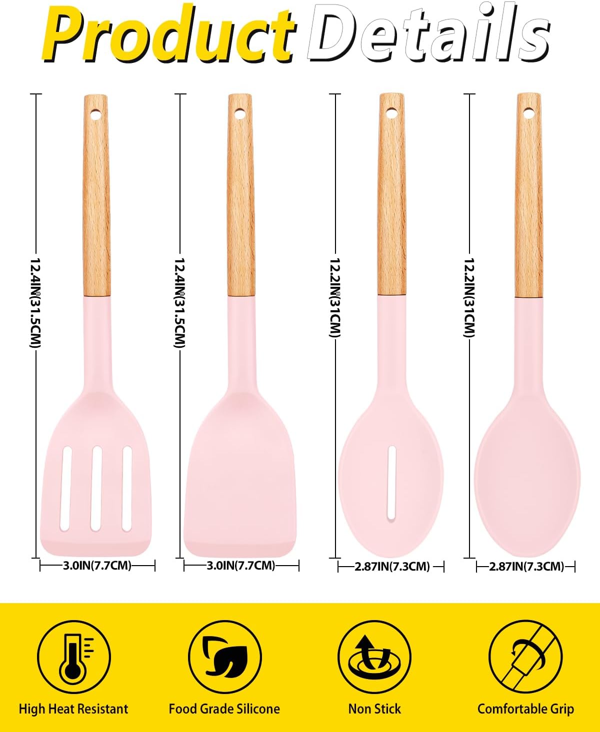 Pack of 4 Silicone Cooking Utensils Set, Non Stick Solid Spatulas and Heat Resistant Slotted Spoons