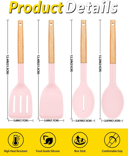 Pack of 4 Silicone Cooking Utensils Set, Non Stick Solid Spatulas and Heat Resistant Slotted Spoons