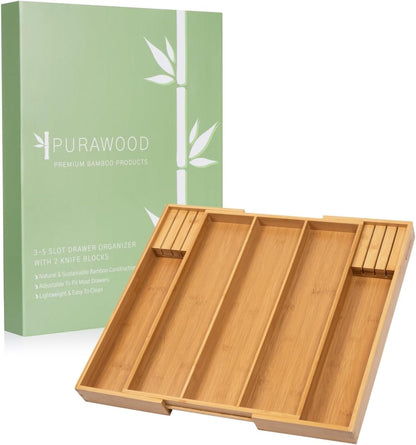 Purawood Kitchen Drawer Organizer with Knife Blocks - Utensil Drawer Organizer for Kitchen, Cutlery
