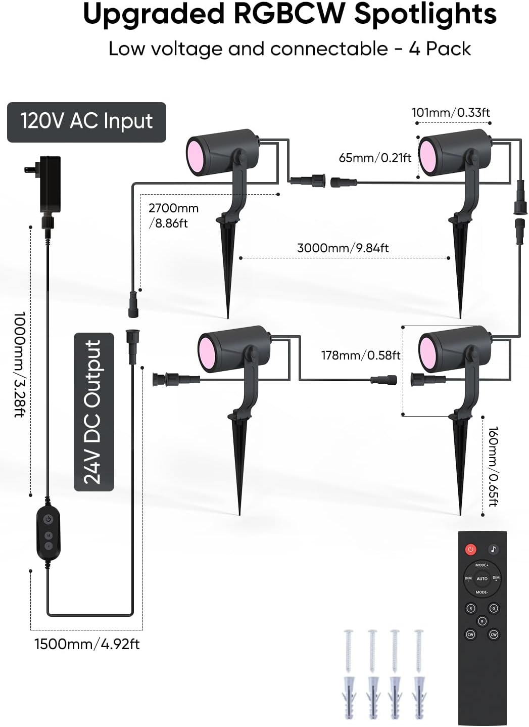 Smart Outdoor Spot Lights 24W, RGBCW Color Changing Landscape Lights 4 Pack, IP65 Waterproof Low