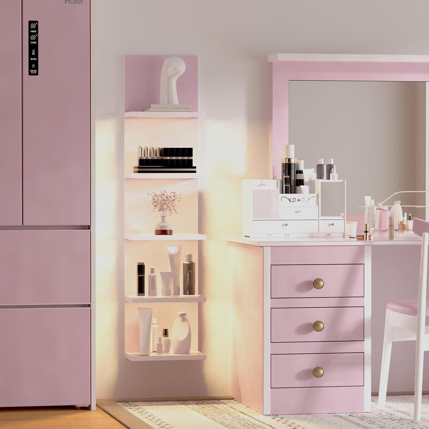 5 Tier Wall Shelf Unit,Modern Vertical Lack Wall Shelves with Light, Wall Mount, Floating Column