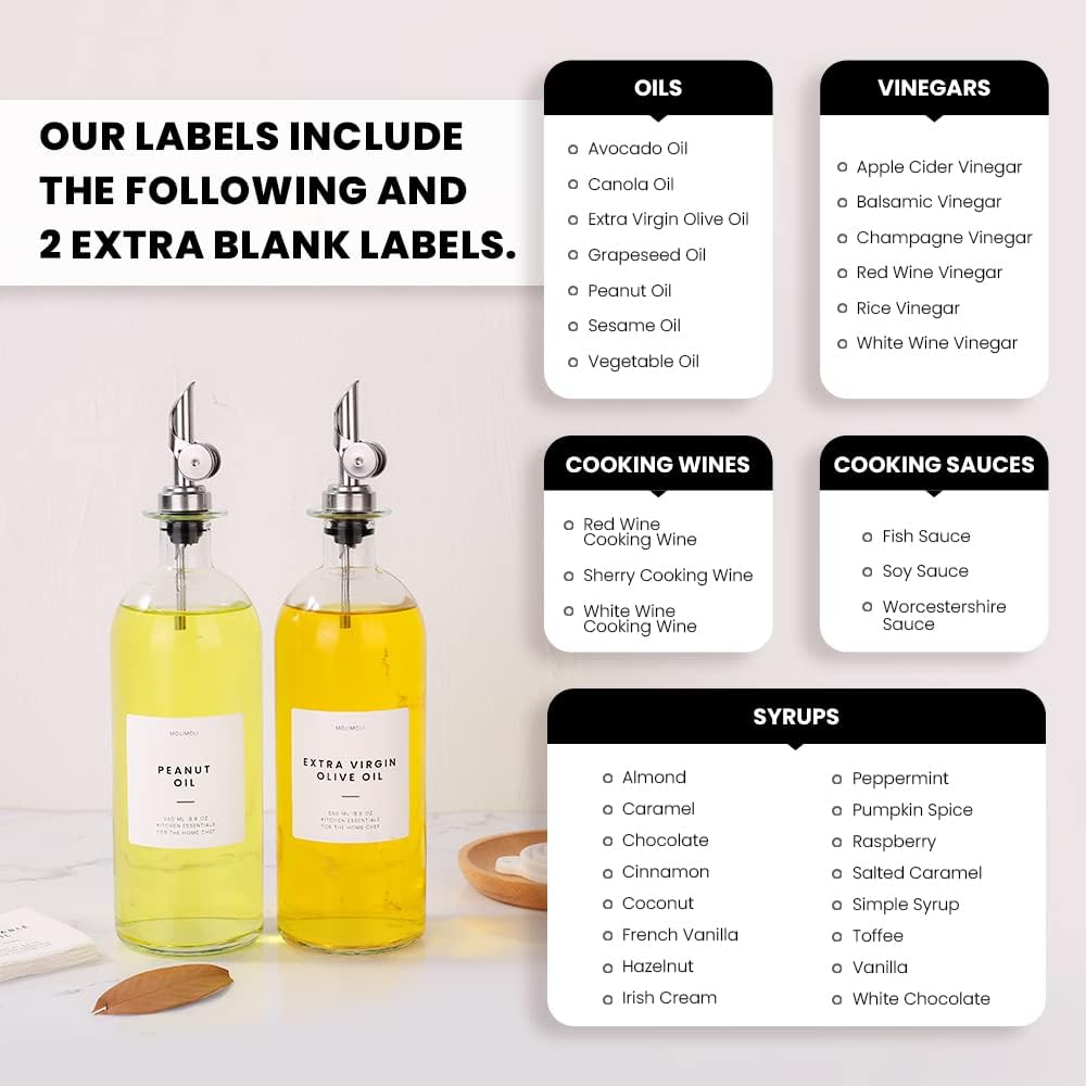 Molimoli Oil and Vinegar Dispenser with Metal Pour Spout, Weighted Pourer, Glass Bottle Dispenser