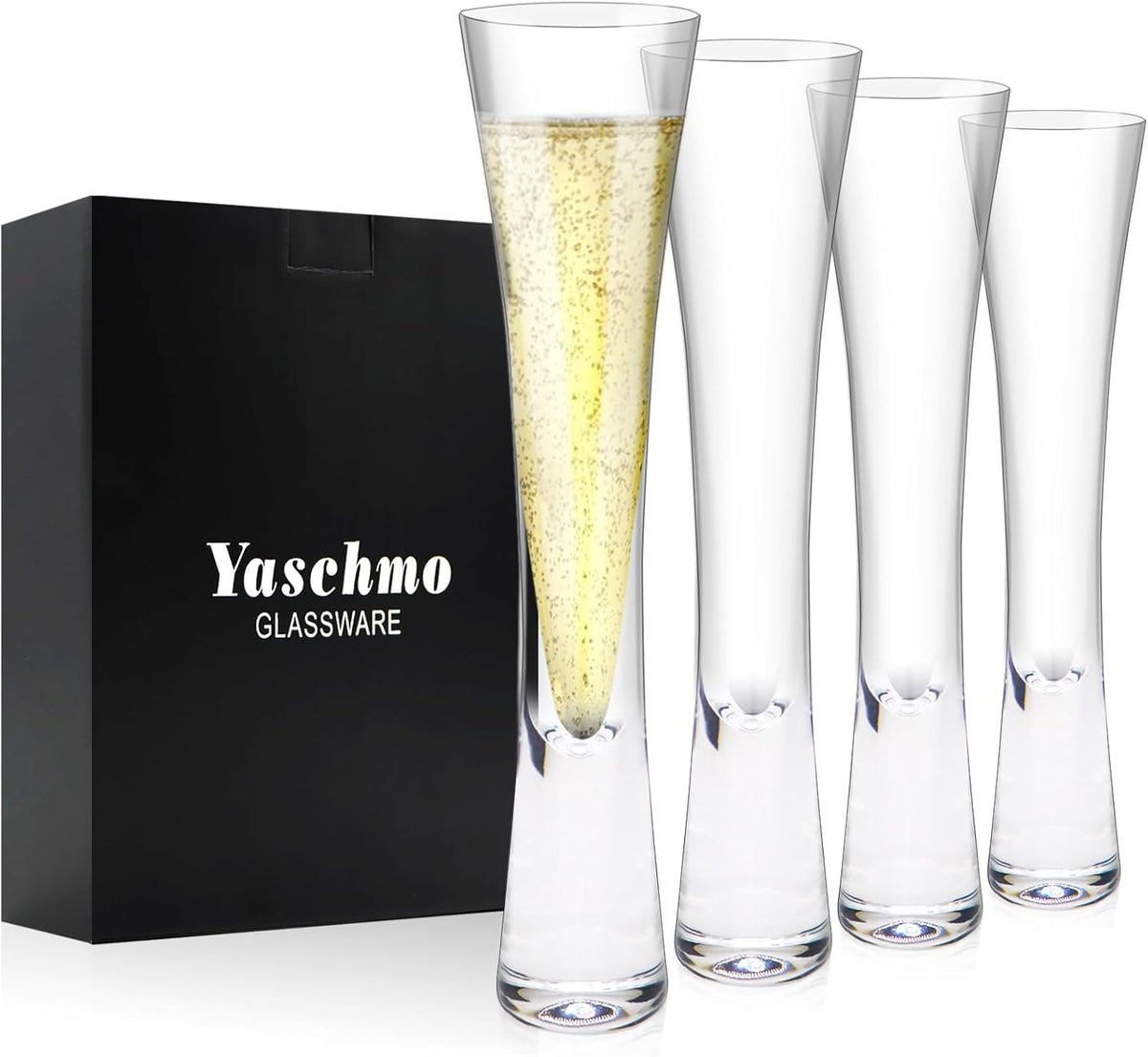Champagne Flutes Set of 4, Hand Blown Crystal Champagne Glasses, Modern Unique Design, Lead-Free