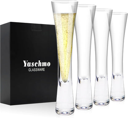 Champagne Flutes Set of 4, Hand Blown Crystal Champagne Glasses, Modern Unique Design, Lead-Free