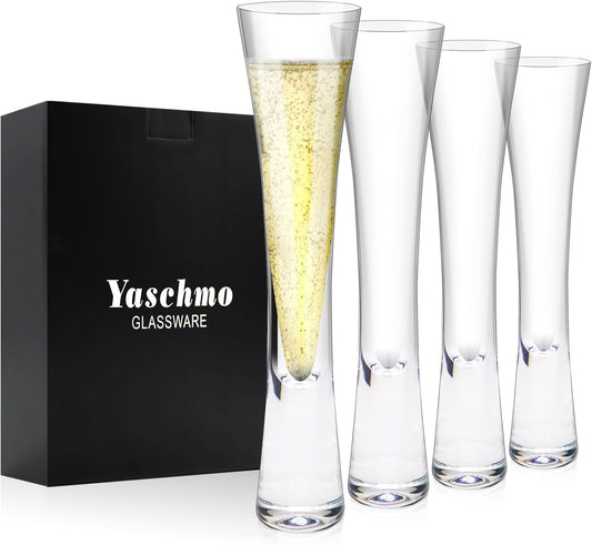 Champagne Flutes Set of 4, Hand Blown Crystal Champagne Glasses, Modern Unique Design, Lead-Free