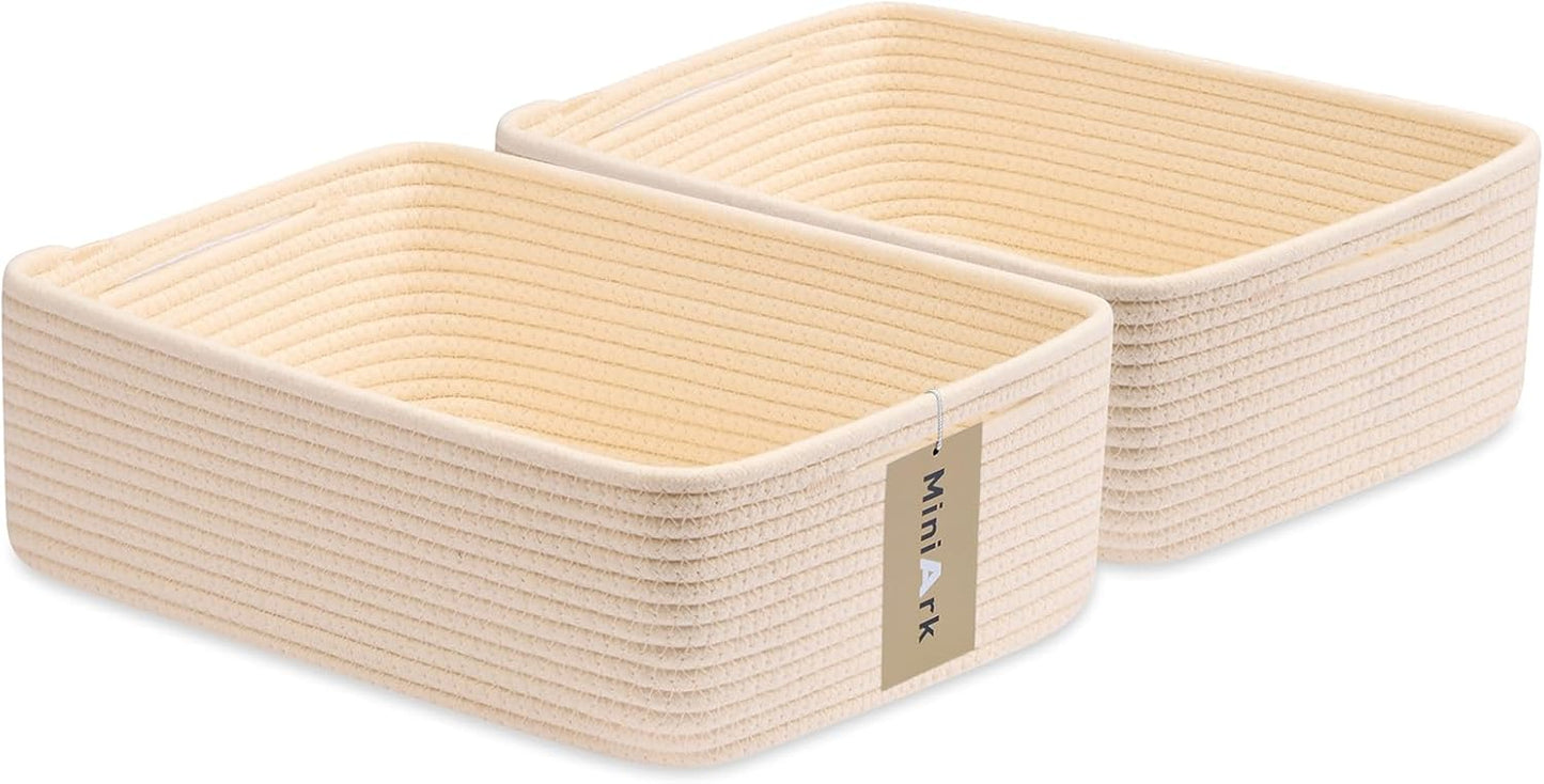 Large Shallow Organizing Baskets 15x11x5.1 Inches - Rope Woven Storage Bins for Bathroom, Shelves