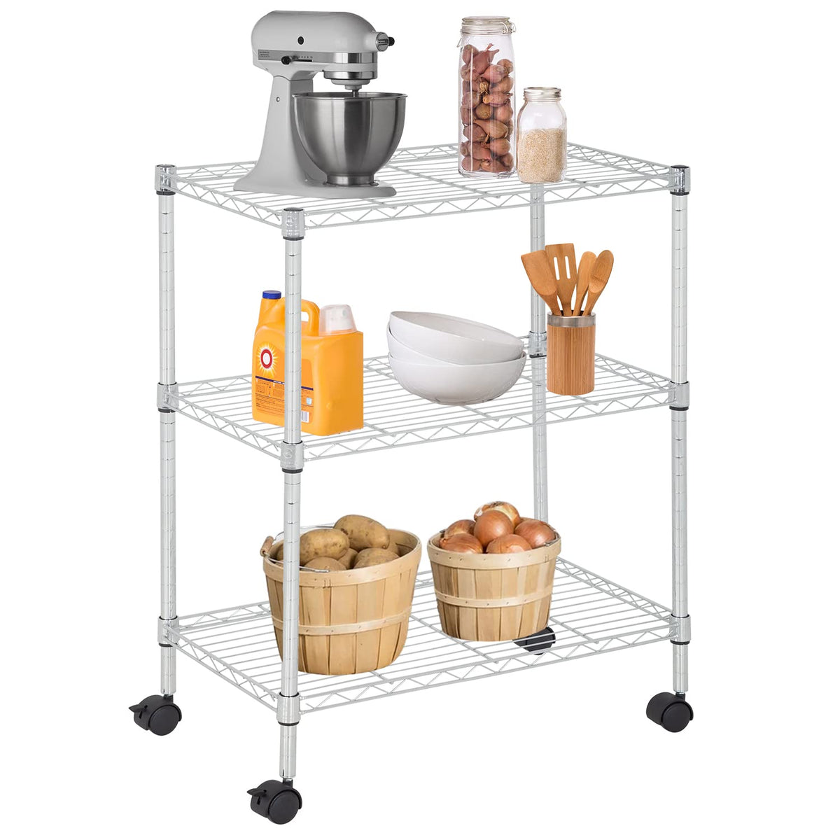 FDW 3 Tier Wire Shelving Metal Storage Shelves 23L x 13W x 32H Layer Storage Shelves with Wheels