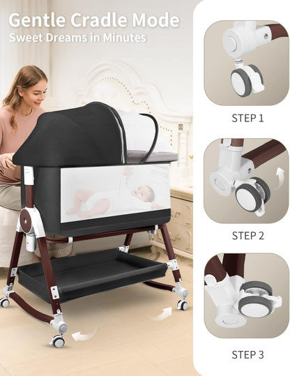 4 in 1 Baby Bassinet, Bassinets Bedside Sleeper with Wheels and Storage Basket, Adjustable 7