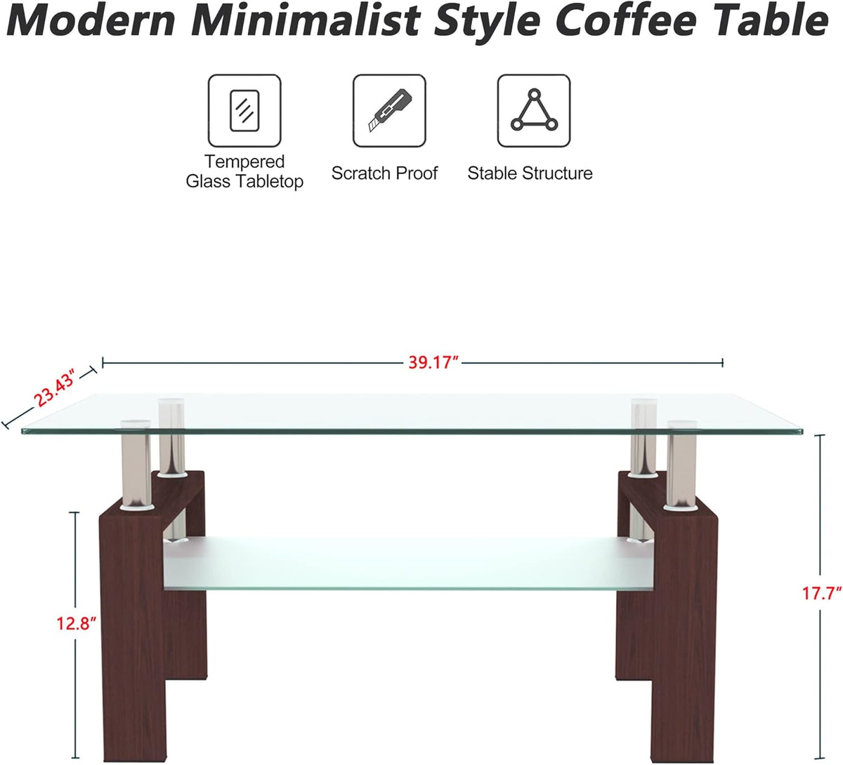 Glass Coffee Table for Living Room, Mordern Sofa Center Tables with Storage, Brown Metal Leg