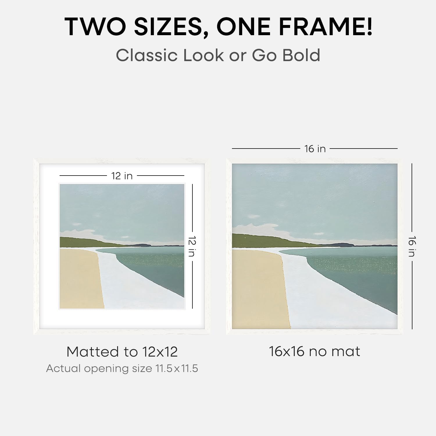 Homeforia 16x16 White Picture Frame, High End Oak 16 x 16 Square Wood Frames with Mat 12 by 12