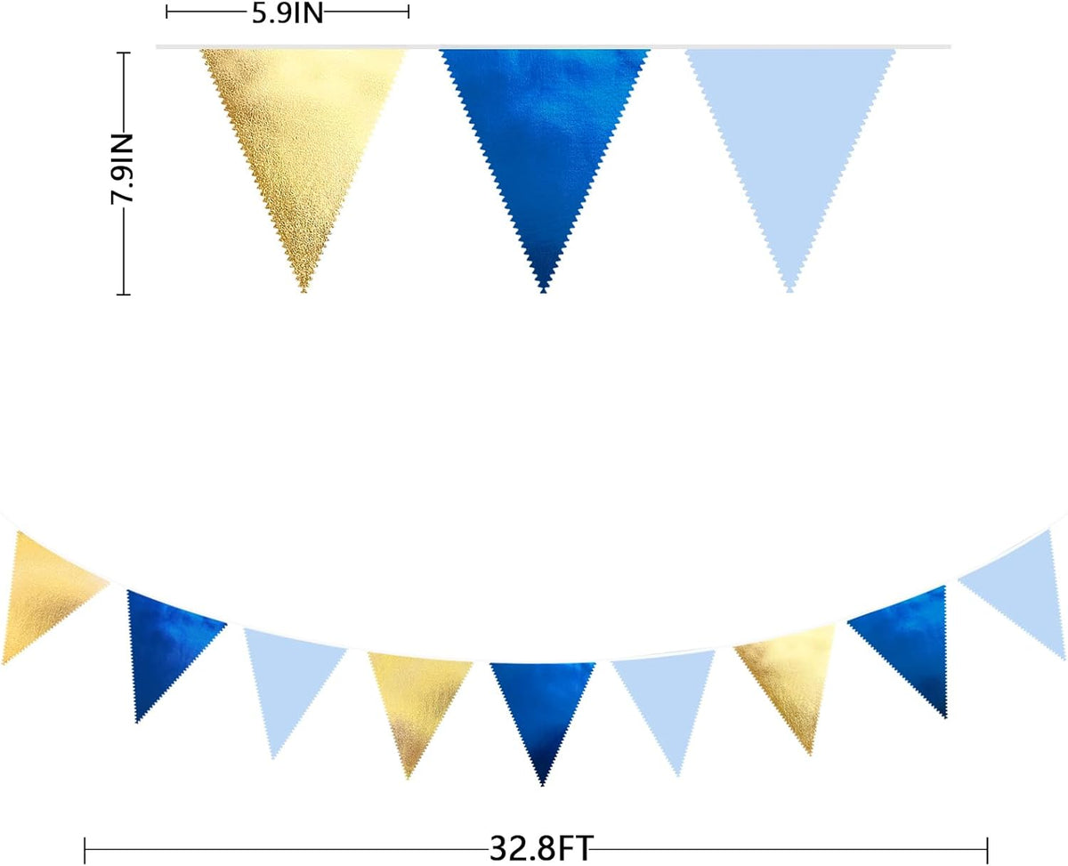Gold Blue Party Decoration Gradient Blue and Gold Triangle Pennant Banner Flag Metallic Fabric