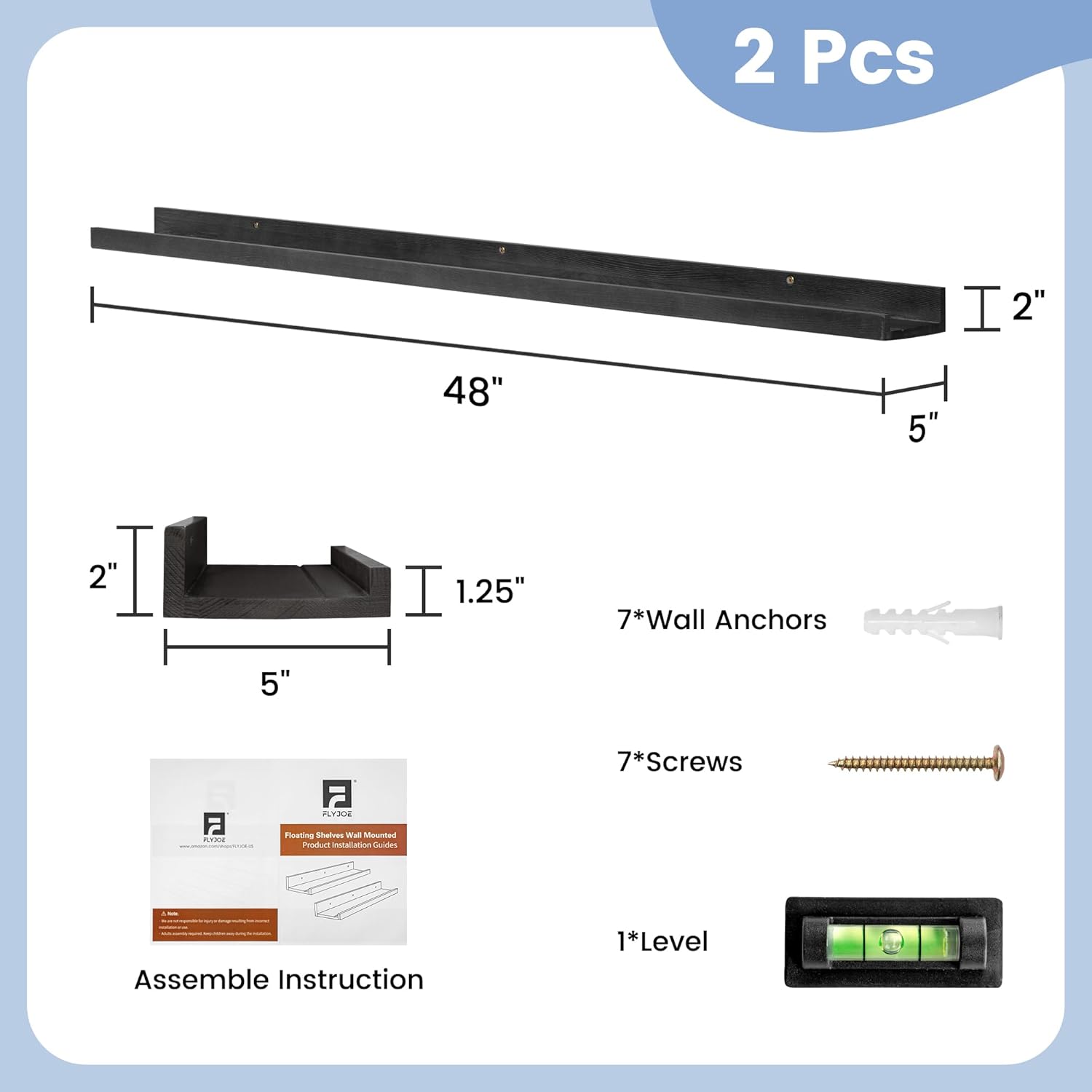 Picture Ledge Shelf for Wall, 48 inch Solid Pine Wood Nursery Book Shelves 2 Packs, Floating Ledge