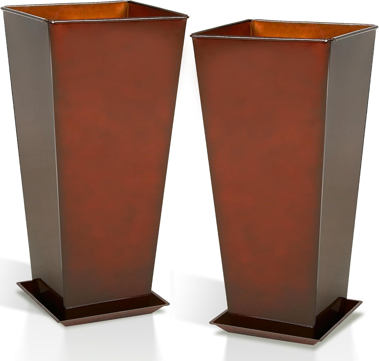 WORTH Garden 25" Large Metal Glazed Planter Set of 2, Luxurious Glossy Finish Red Tall Square