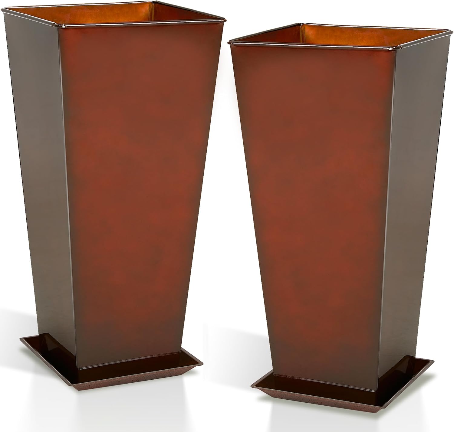 WORTH Garden 28" Large Metal Glazed Planter Set of 2, Luxurious Glossy Finish Red Tall Square