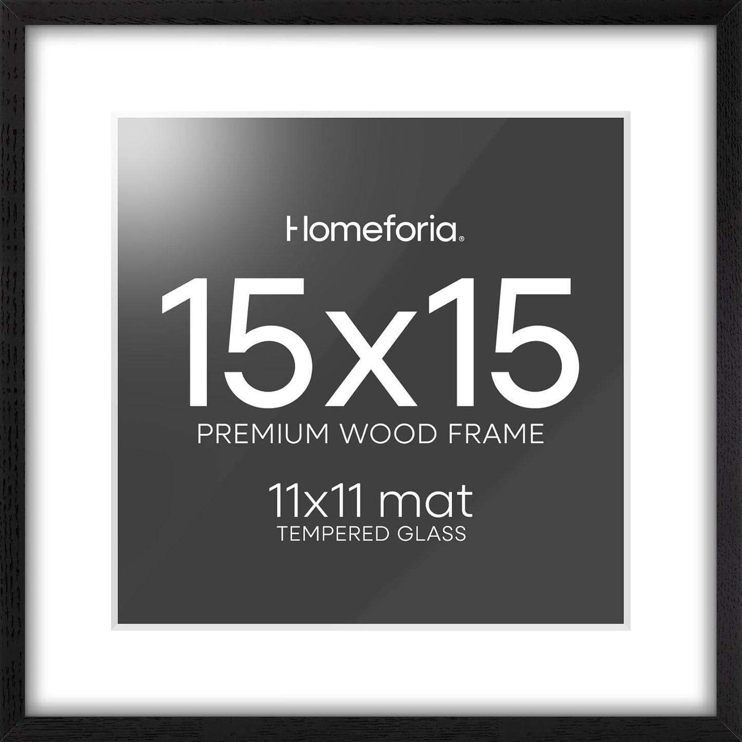 Homeforia 15x15 Black Wood Frame, High End Oak 15 x 15 Square Picture Frames with Mat 11 by 11