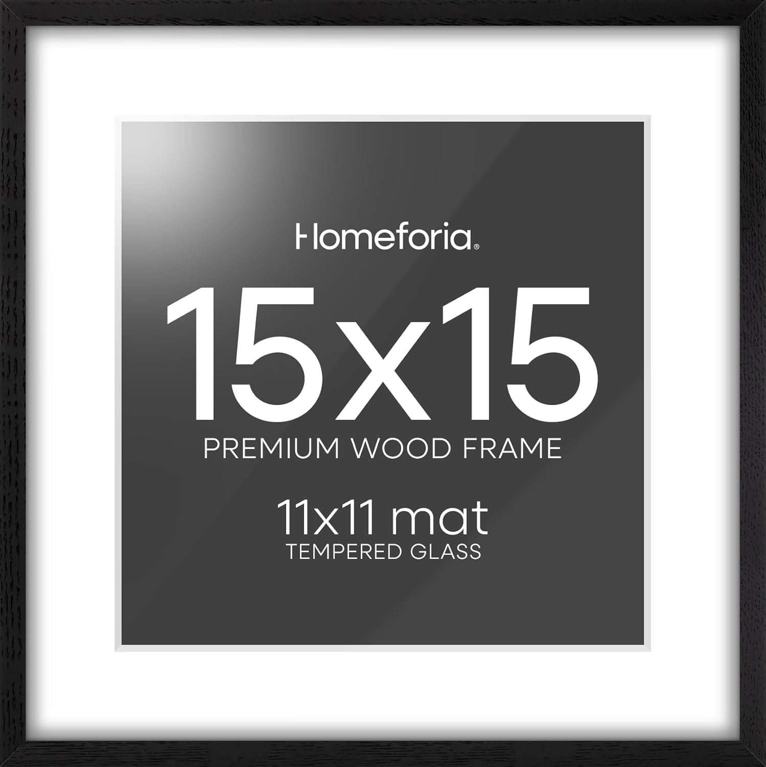 Homeforia 15x15 Black Wood Frame, High End Oak 15 x 15 Square Picture Frames with Mat 11 by 11