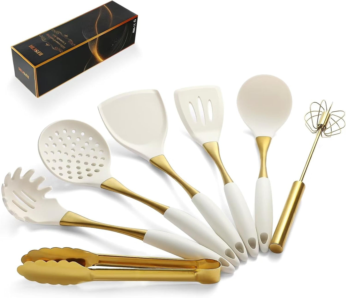Elegant White Gold Silicone Cooking Utensils Set - Non-Toxic, Dishwasher Safe Kitchen Utensils Set
