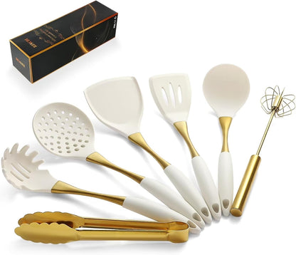 Elegant White Gold Silicone Cooking Utensils Set - Non-Toxic, Dishwasher Safe Kitchen Utensils Set